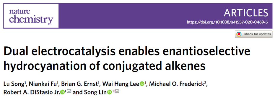 美國康奈爾大學(xué)林松團(tuán)隊(duì)《自然·化學(xué)》:電驅(qū)動雙金屬催化共軛烯烴氫氰化反應(yīng)